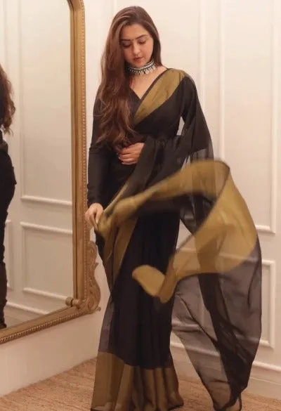 1 Min Black Soft Chiffon Silk With Golden Zari Stitched Readymade Saree