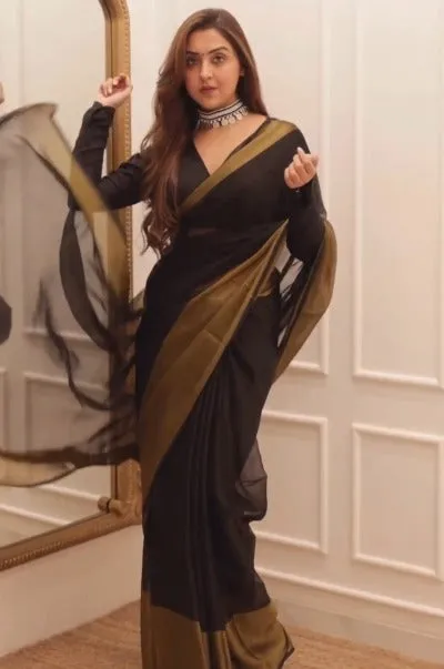 1 Min Black Soft Chiffon Silk With Golden Zari Stitched Readymade Saree