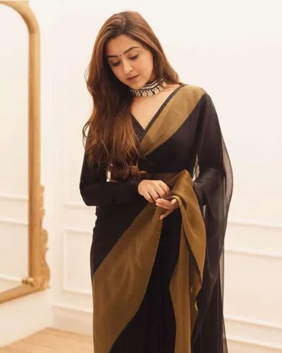 1 Min Black Soft Chiffon Silk With Golden Zari Stitched Readymade Saree