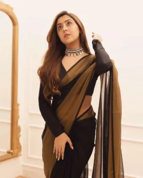 1 Min Black Soft Chiffon Silk With Golden Zari Stitched Readymade Saree