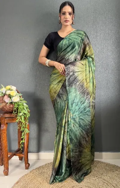 1 Min Green Tone Rangoli Silk Prism Print Stitched Readymade Saree