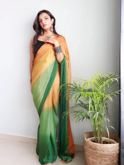 1 Min Orange & Green Dual Tone Georgette Stitched Readymade Saree