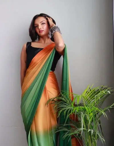 1 Min Orange & Green Dual Tone Georgette Stitched Readymade Saree