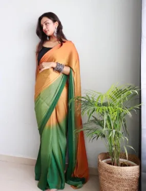 1 Min Orange & Green Dual Tone Georgette Stitched Readymade Saree