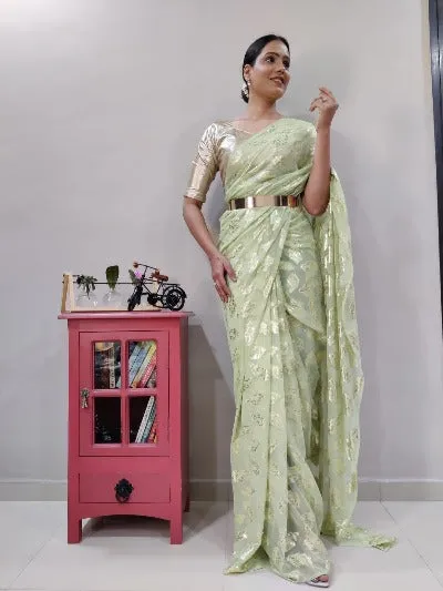 1 Min Premium Viscose Pista Green Stitched Readymade Saree