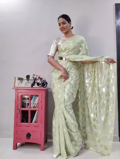 1 Min Premium Viscose Pista Green Stitched Readymade Saree