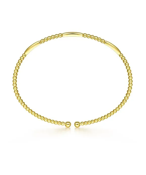 14K Yellow Gold Alternating Bujukan Bead and Plain Bar Cuff Bracelet