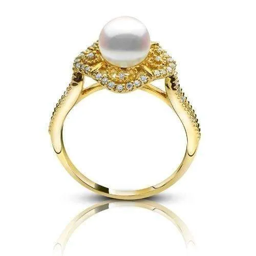 14K Yellow Gold Diamond Akoya Pearl Ring