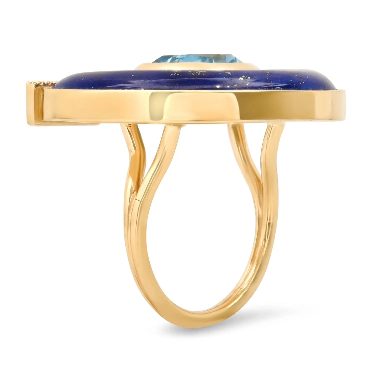 14K YG Jumbo Topaz, Lapis and Diamond Horseshoe Ring