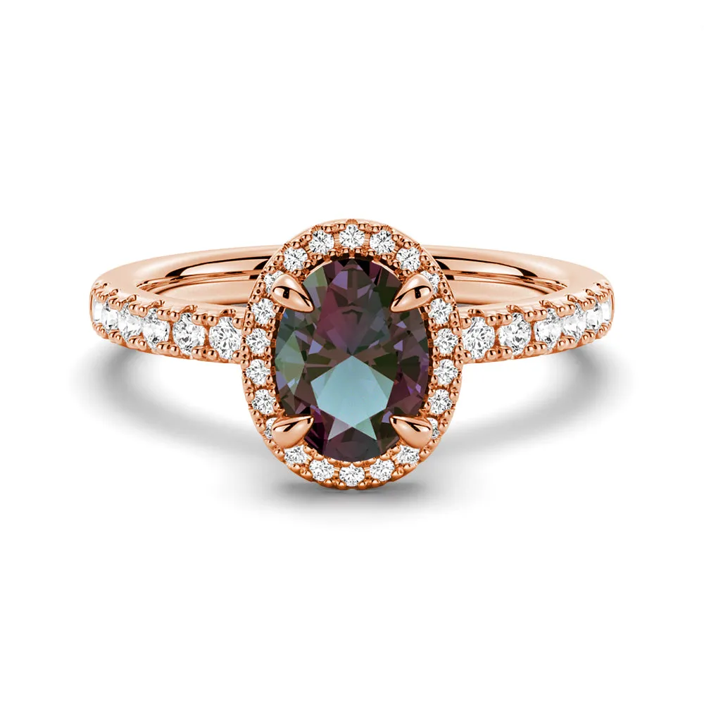 1.5 CT. Oval Alexandrite Engagement Ring With Moissanite Pavé Halo