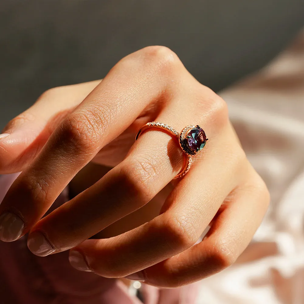 1.5 CT. Oval Alexandrite Engagement Ring With Moissanite Pavé Halo