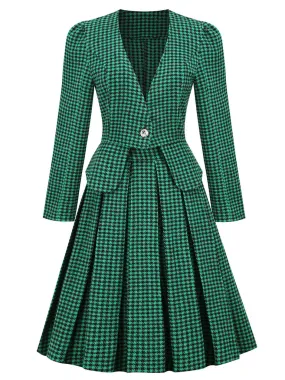 1950S  Green Houndstooth Long Sleeve Vintage Blazer Swing Dress Set