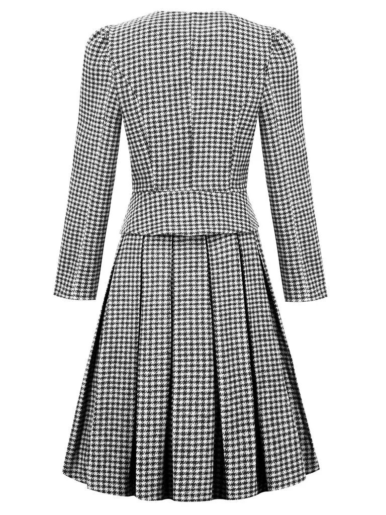 1950S  Green Houndstooth Long Sleeve Vintage Blazer Swing Dress Set