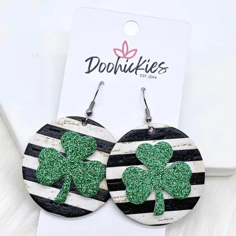 2 Green Glitter 3-D Shamrocks on Solid Lines Circles Earrings