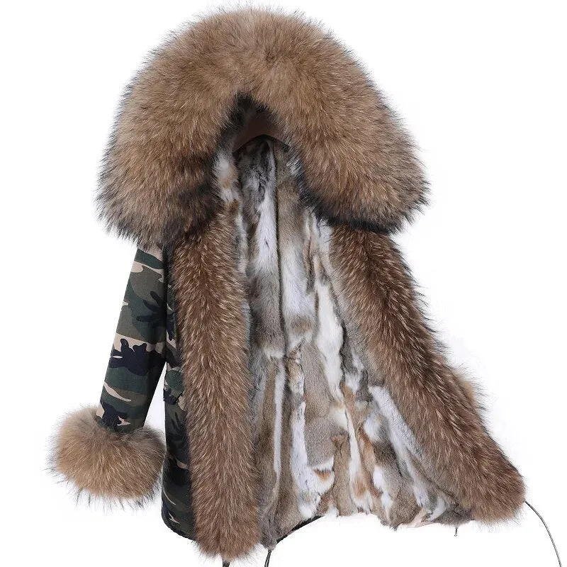 2023 Real Natural Raccoon Big Fox Fur Collar Parkas Long Female Winter Rabbit Lining Inner Jacket Fur Coat Outerwear