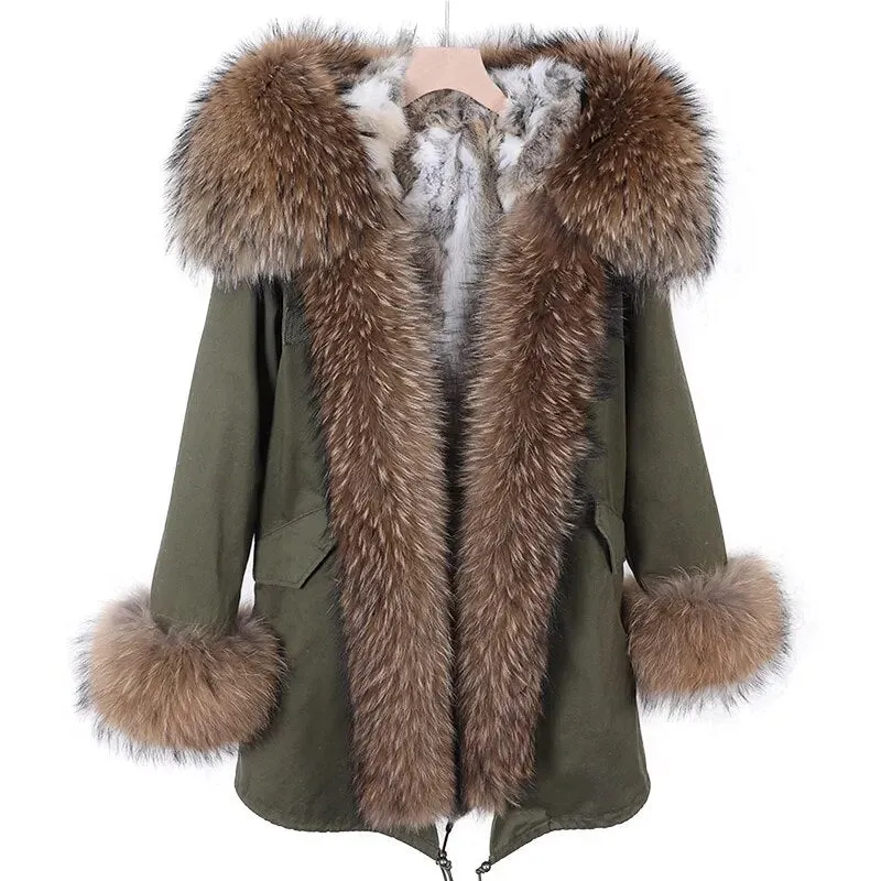 2023 Real Natural Raccoon Big Fox Fur Collar Parkas Long Female Winter Rabbit Lining Inner Jacket Fur Coat Outerwear