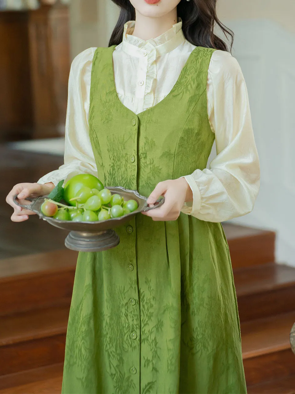 2PS White Ruffles Shirt With Vinatge Green Plaid Suspender 1950S Dress