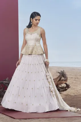 310071 Cream Embroidered Georgette Lehenga with Peplum Blouse