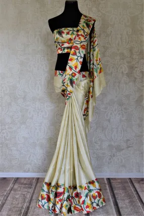 90I753-RO Off White Crepe Silk Saree with Printed Floral Border