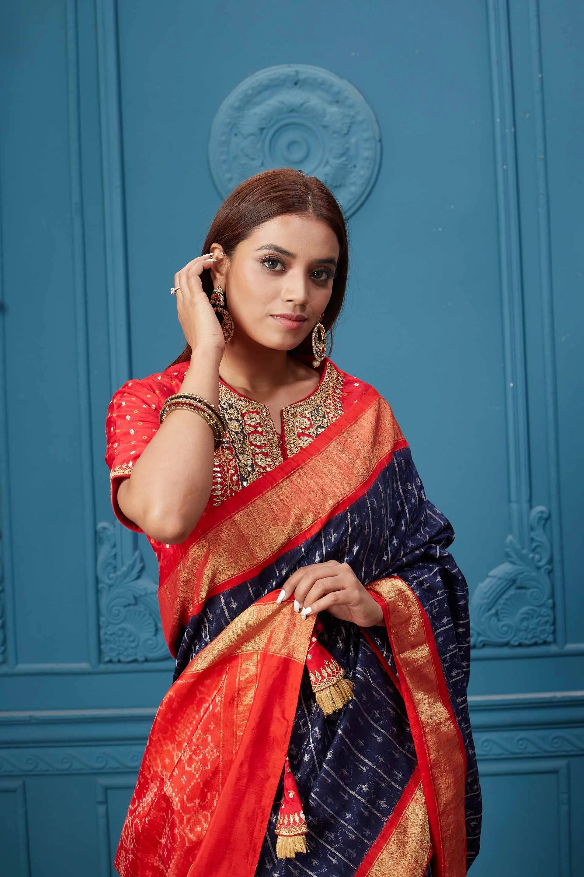 91A036 Dark Blue Patola Silk Saree with Red Zari Border