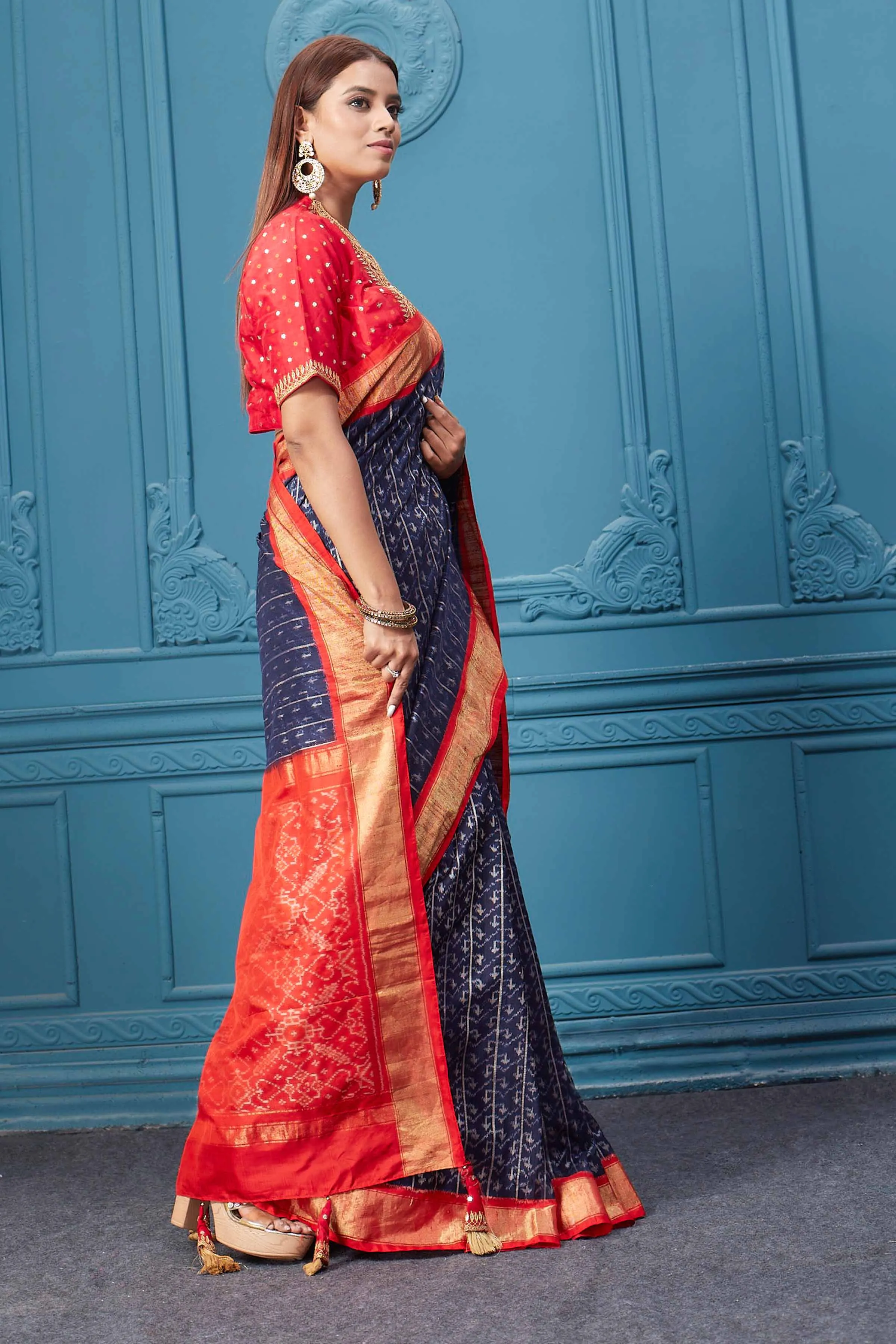 91A036 Dark Blue Patola Silk Saree with Red Zari Border