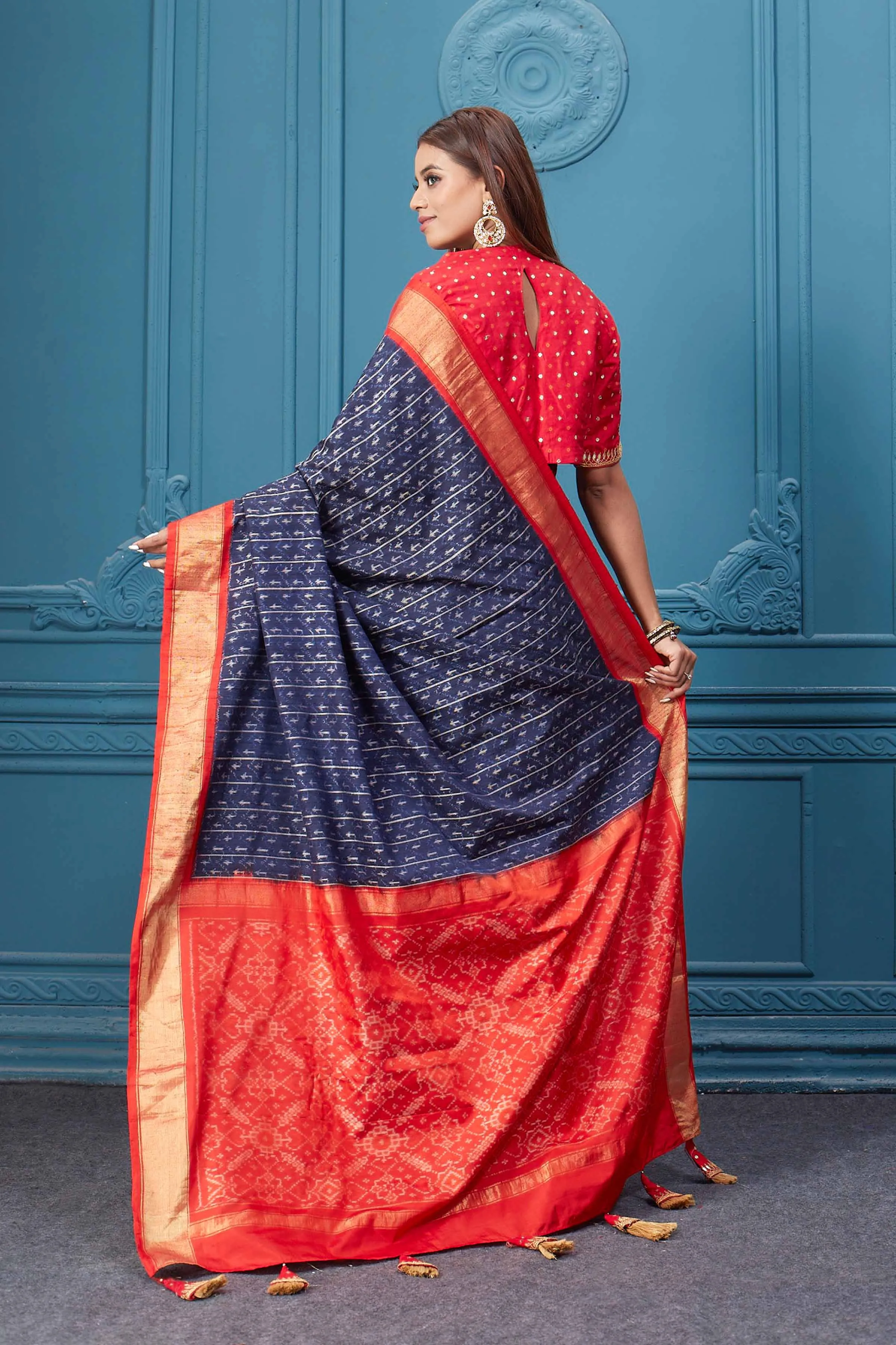 91A036 Dark Blue Patola Silk Saree with Red Zari Border