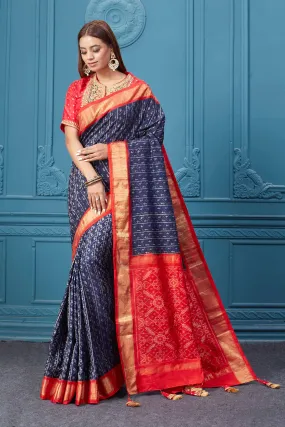 91A036 Dark Blue Patola Silk Saree with Red Zari Border