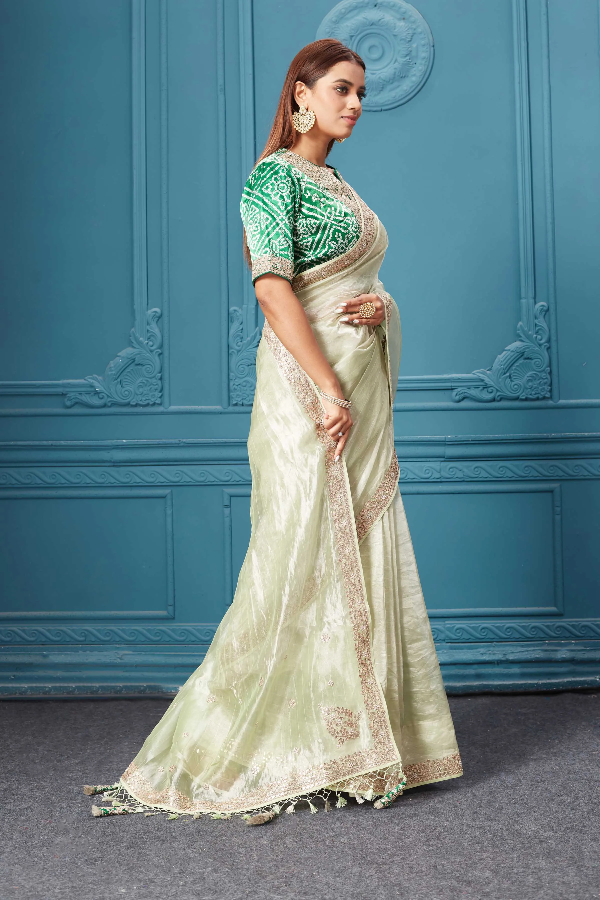 91A056 Pista Green Tissue Kora Silk Saree with Green Embroidered Blouse