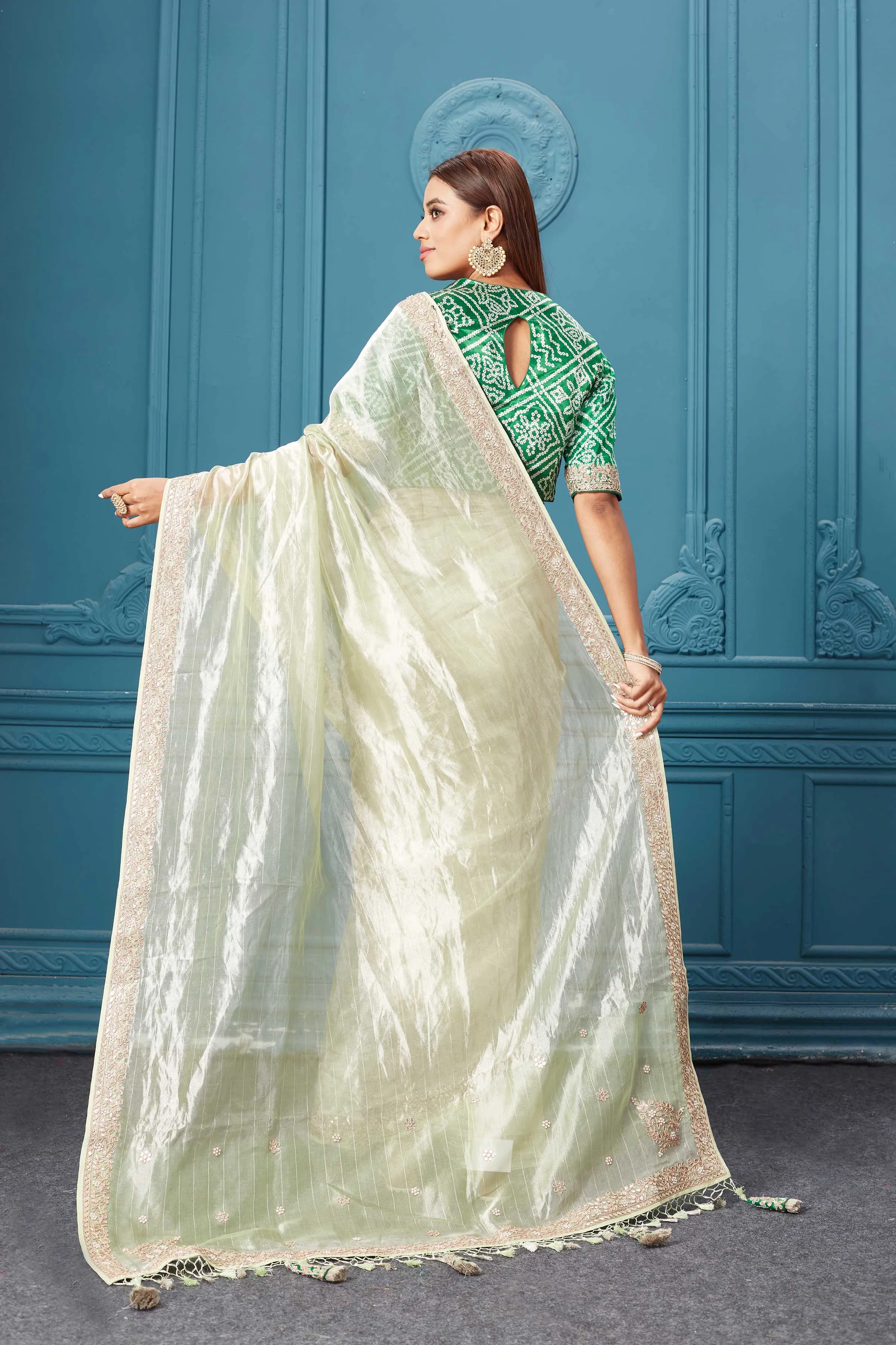 91A056 Pista Green Tissue Kora Silk Saree with Green Embroidered Blouse