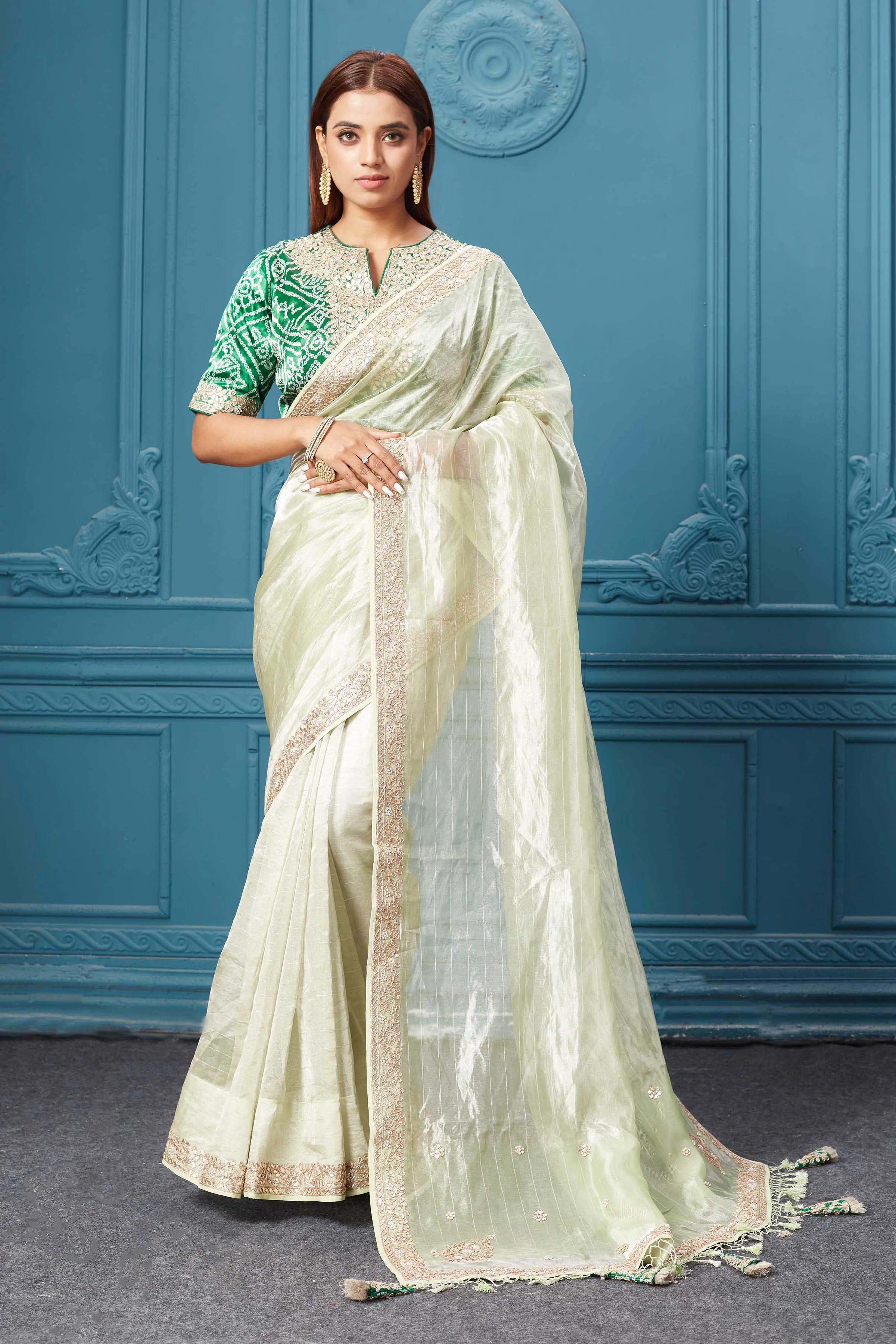 91A056 Pista Green Tissue Kora Silk Saree with Green Embroidered Blouse