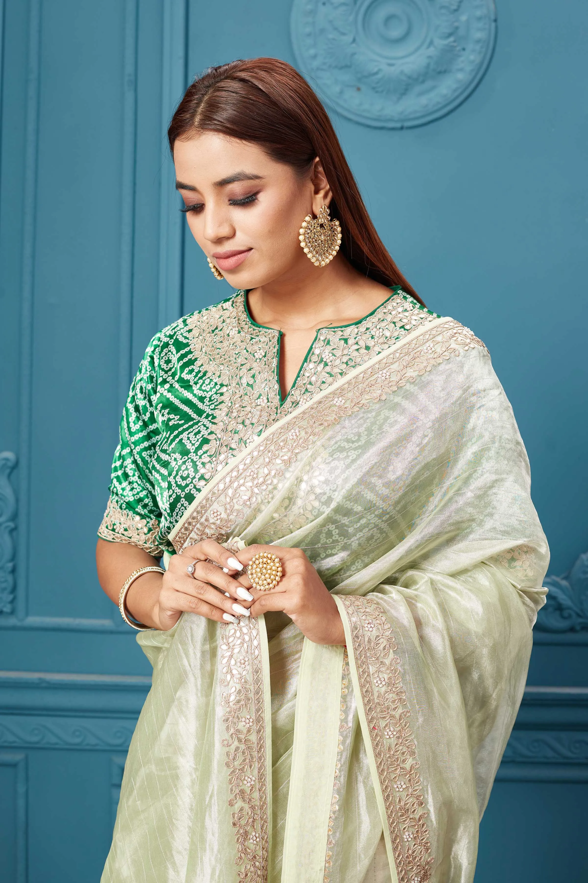 91A056 Pista Green Tissue Kora Silk Saree with Green Embroidered Blouse