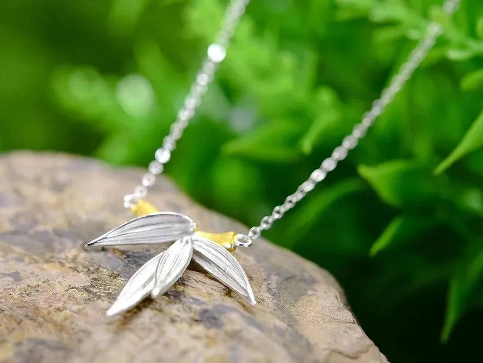 925 Sterling Silver Bamboo Leaves Pendant Necklace Charm - LFJF0081 Jewelry