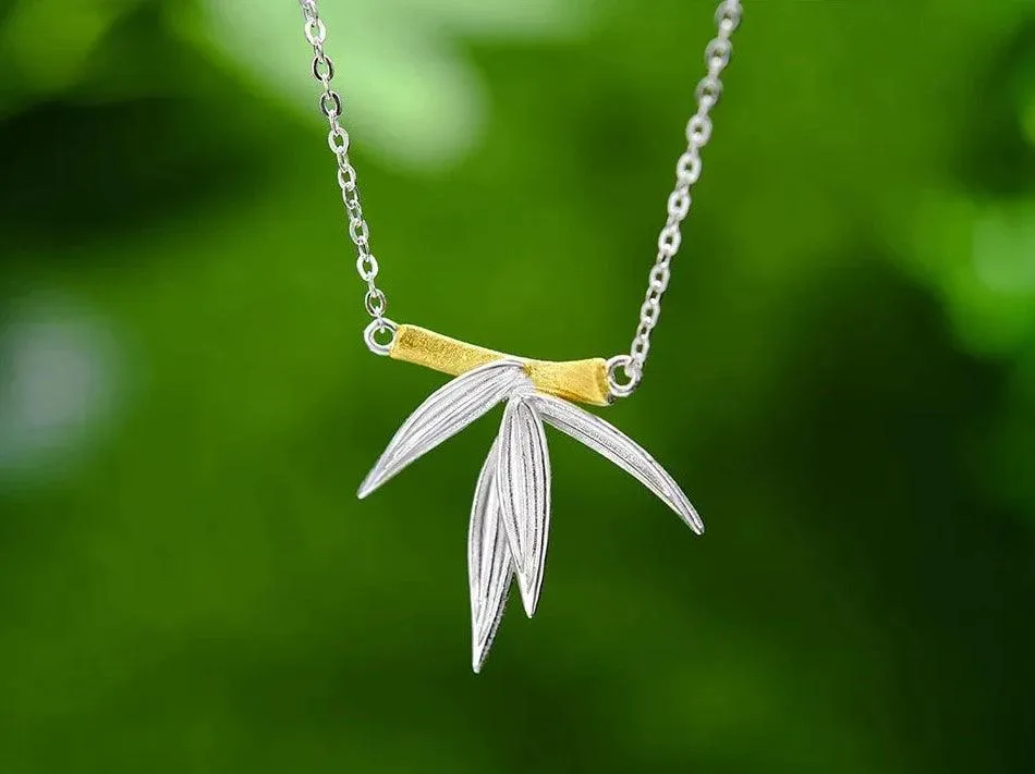 925 Sterling Silver Bamboo Leaves Pendant Necklace Charm - LFJF0081 Jewelry