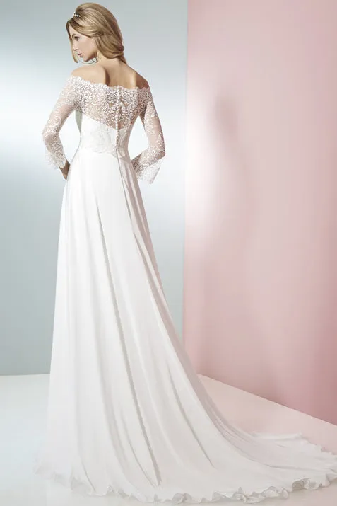 A-Line 3-4 Sleeve Off-The-Shoulder Lace Empire Chiffon Wedding Dress-MK_700336