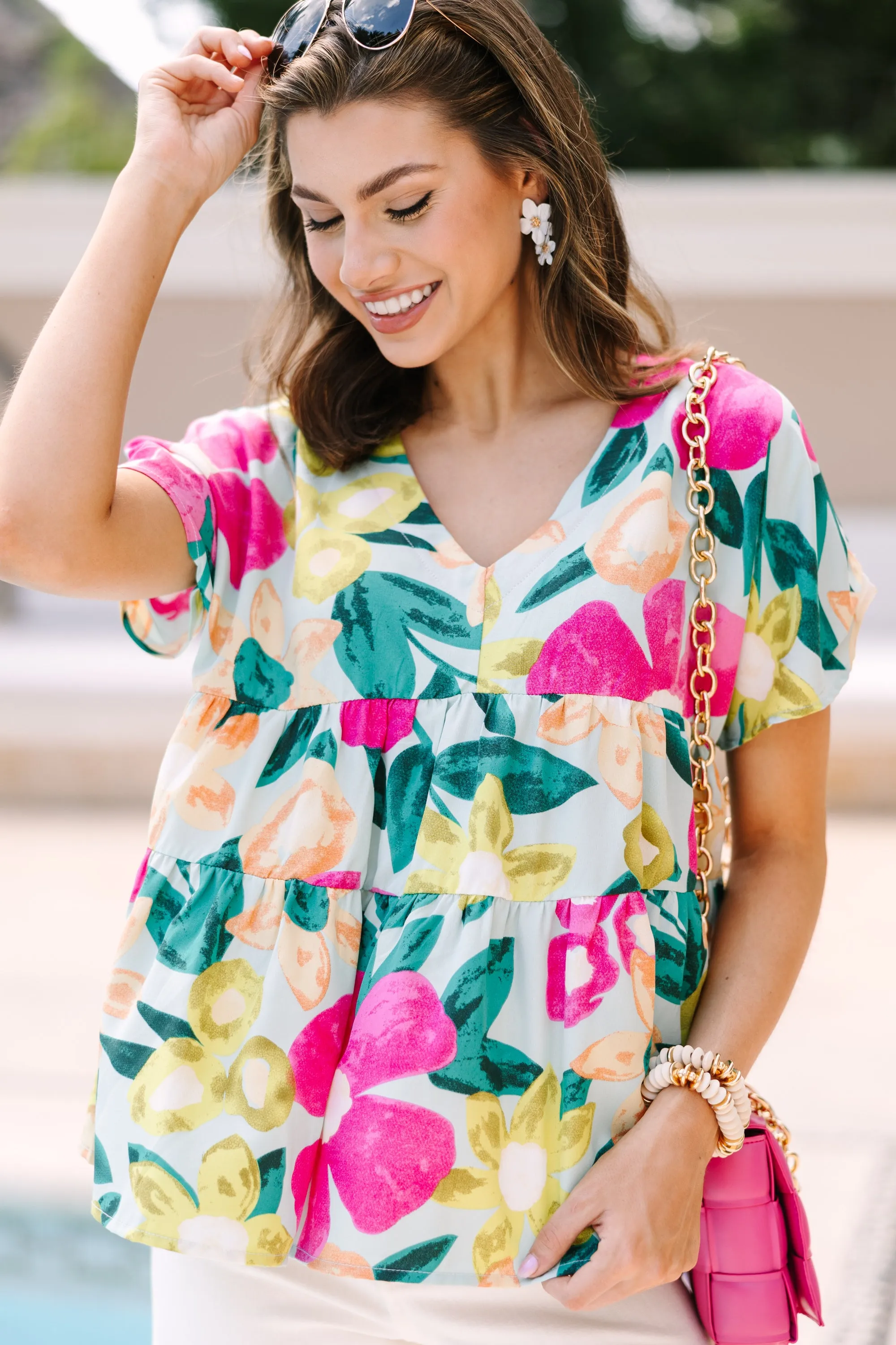 A True Beauty Mint Green Floral Babydoll Blouse