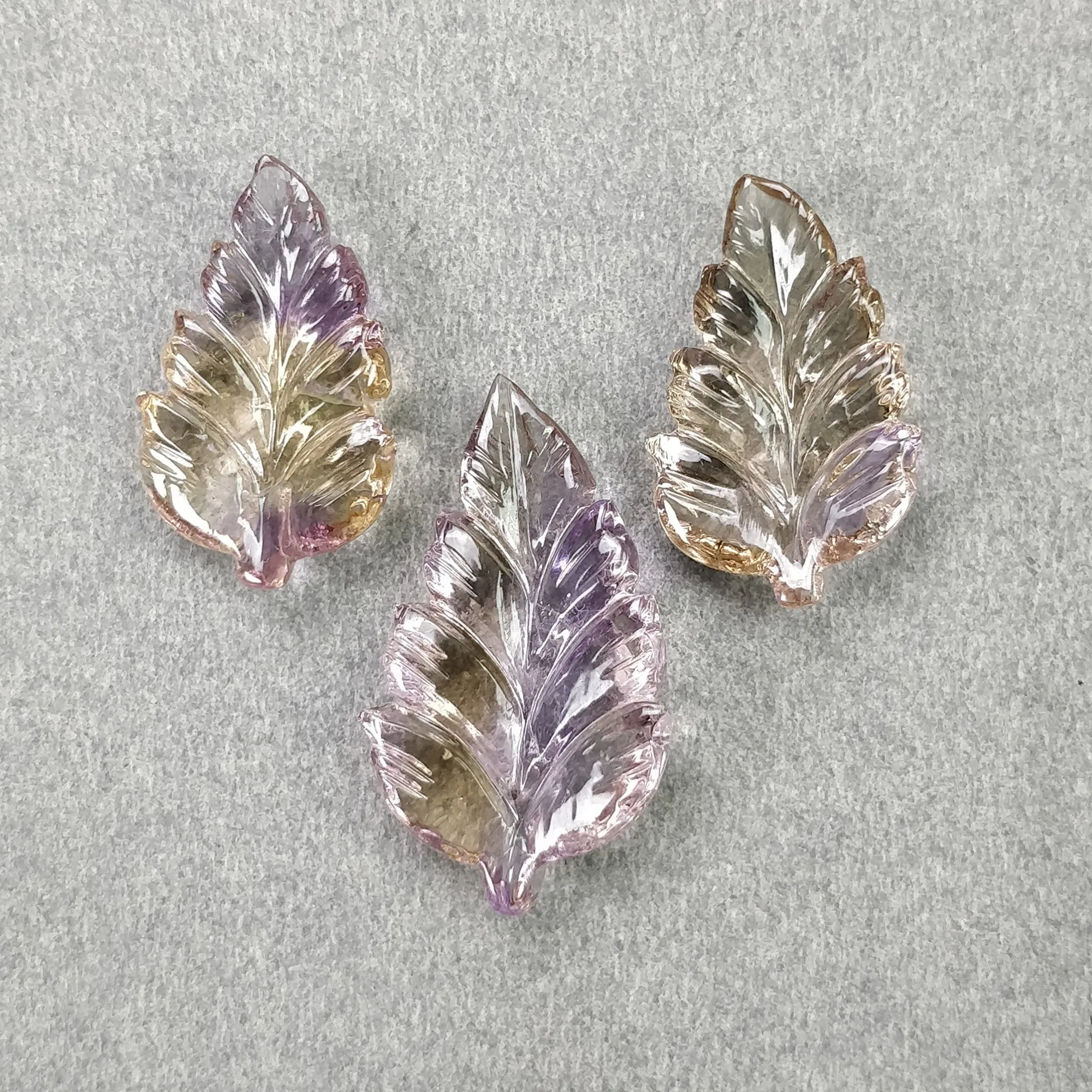 AMETRINE Gemstone Carving : 23.45cts Natural Untreated Yellow Purple Ametrine Hand Carved Leaves 20*13mm - 25.5*15mm 3pcs