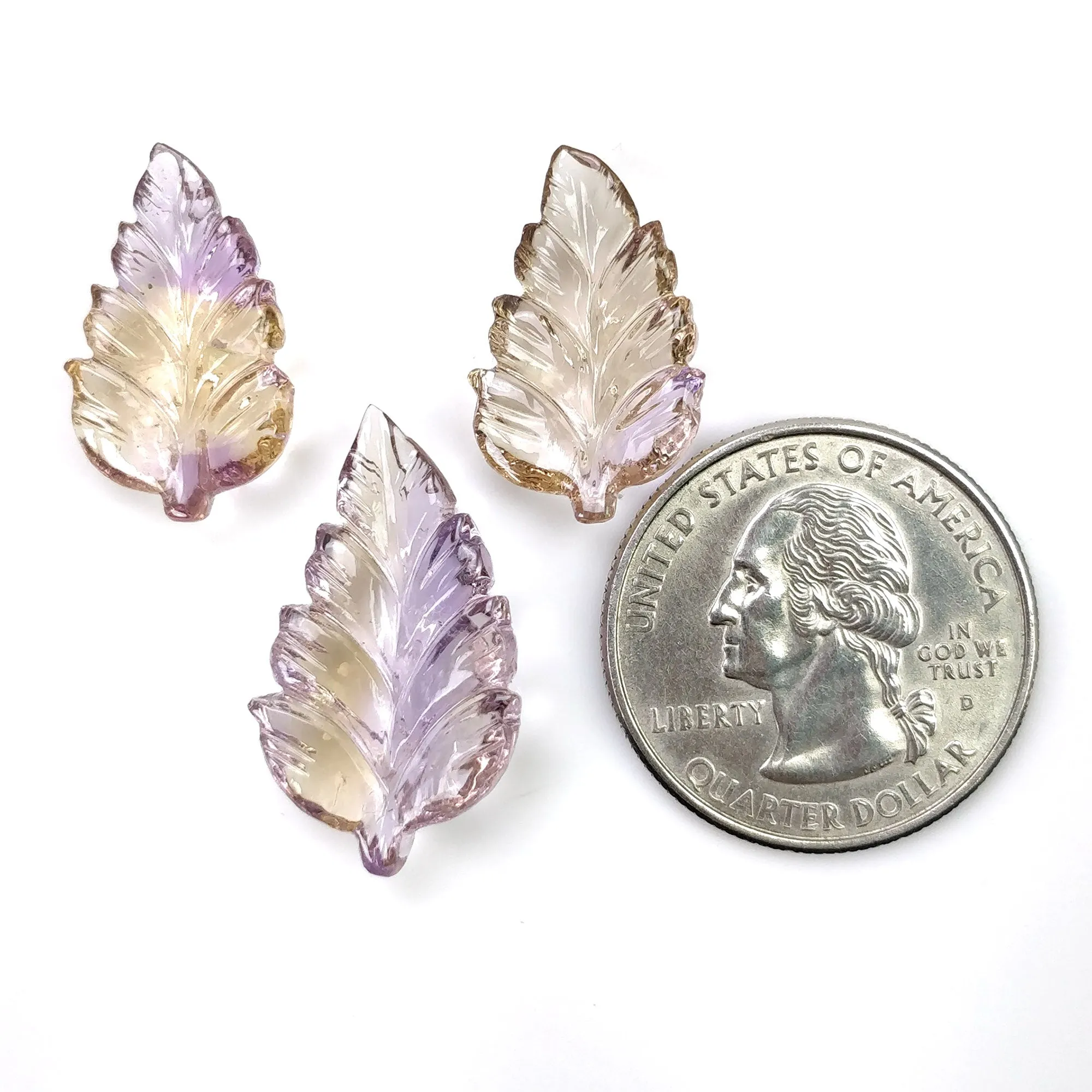 AMETRINE Gemstone Carving : 23.45cts Natural Untreated Yellow Purple Ametrine Hand Carved Leaves 20*13mm - 25.5*15mm 3pcs