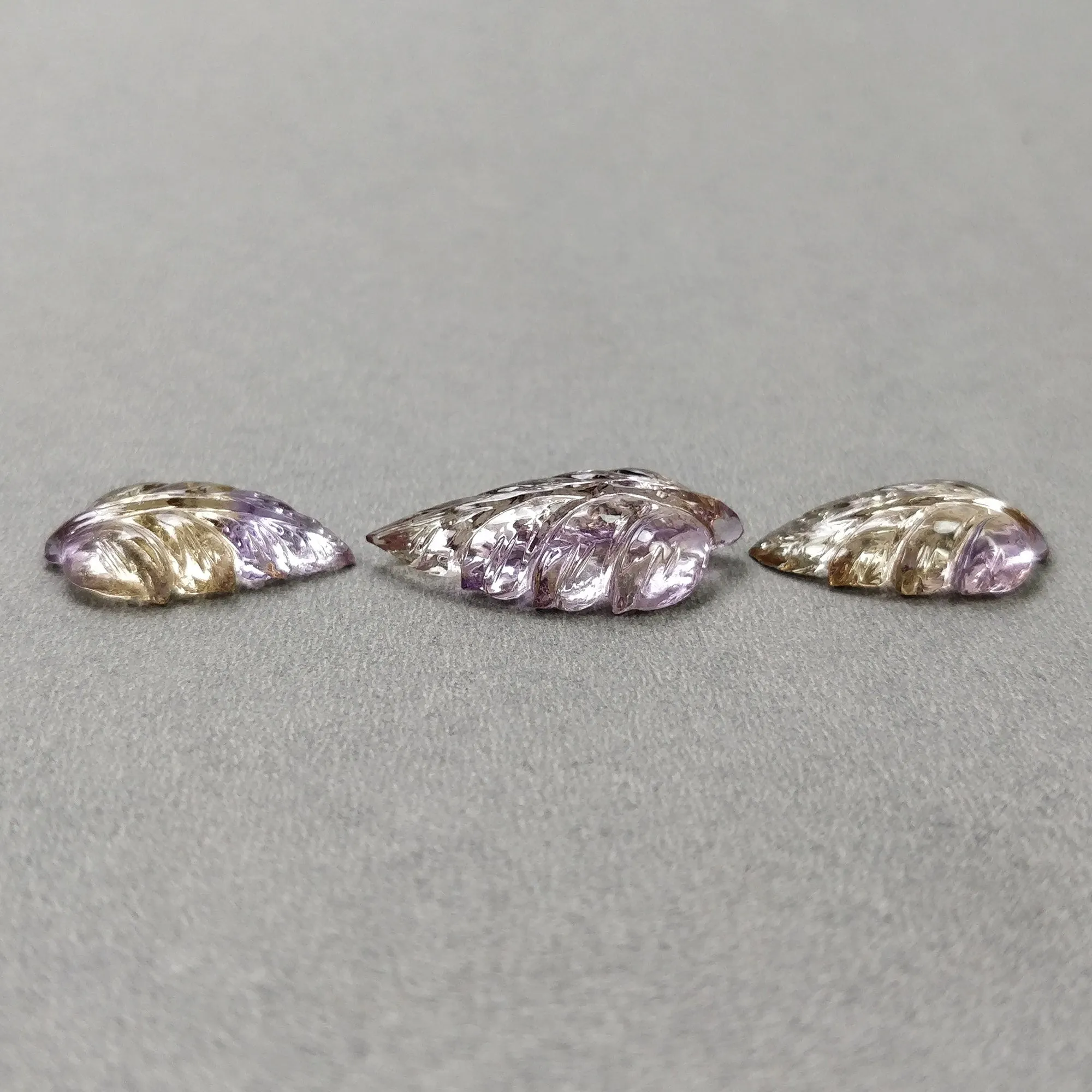 AMETRINE Gemstone Carving : 23.45cts Natural Untreated Yellow Purple Ametrine Hand Carved Leaves 20*13mm - 25.5*15mm 3pcs