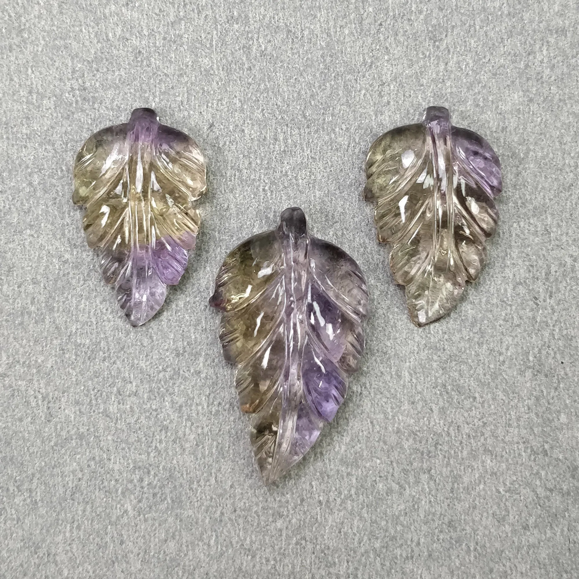 AMETRINE Gemstone Carving : 23.45cts Natural Untreated Yellow Purple Ametrine Hand Carved Leaves 20*13mm - 25.5*15mm 3pcs