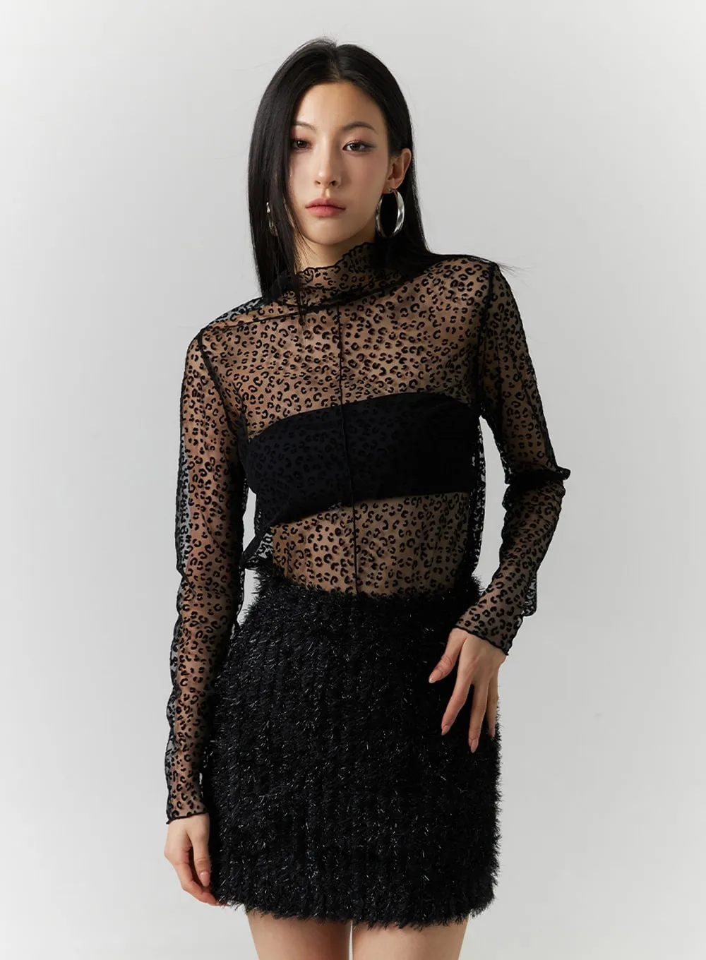 Animal Printed Turtle Neck Mesh Top ID306