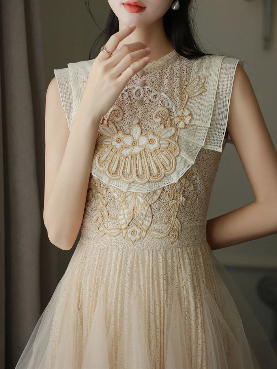 Apricot Embroidered Butterfly Hollow Short Sleeve Lace Mini Dress