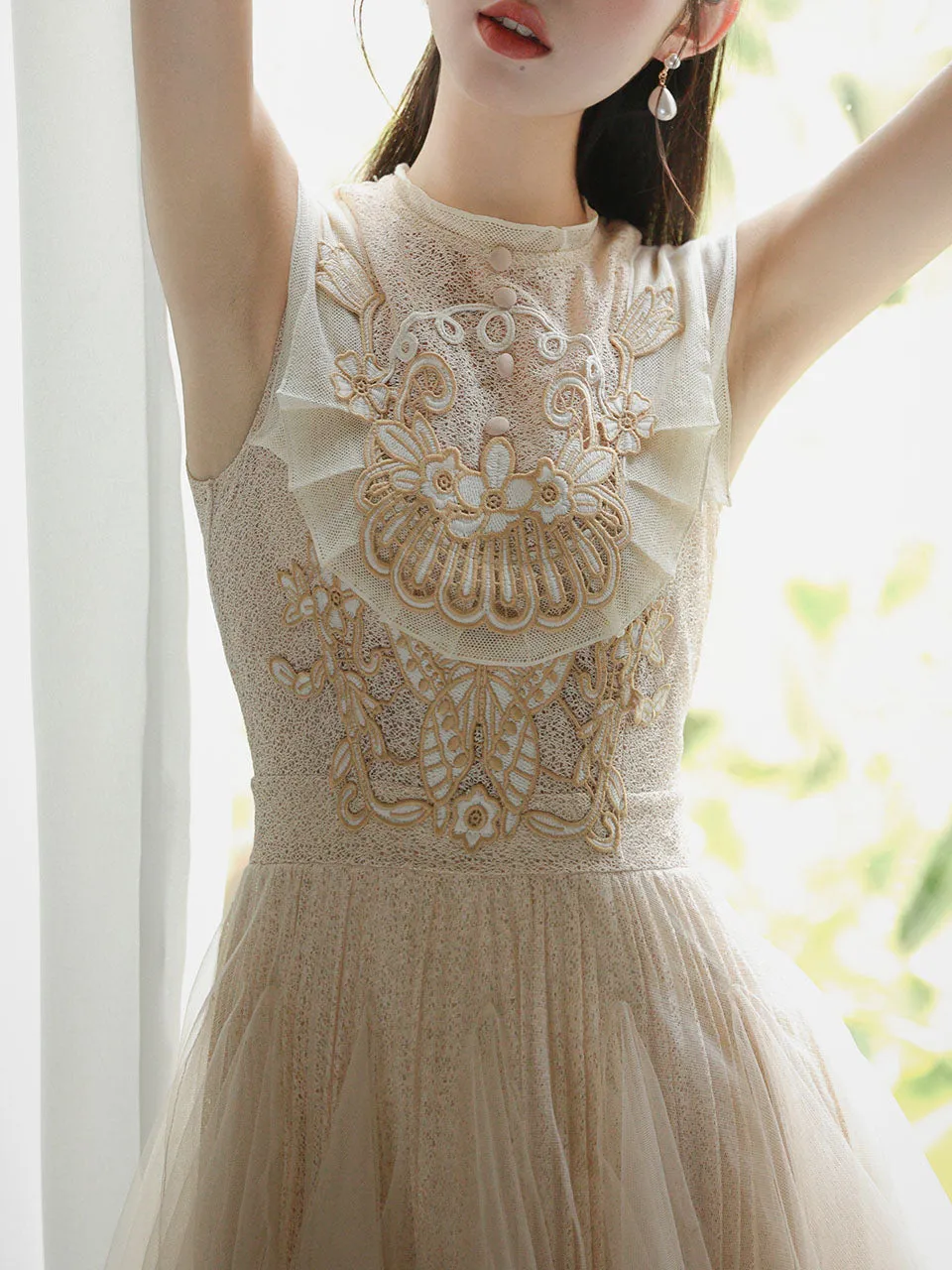 Apricot Embroidered Butterfly Hollow Short Sleeve Lace Mini Dress