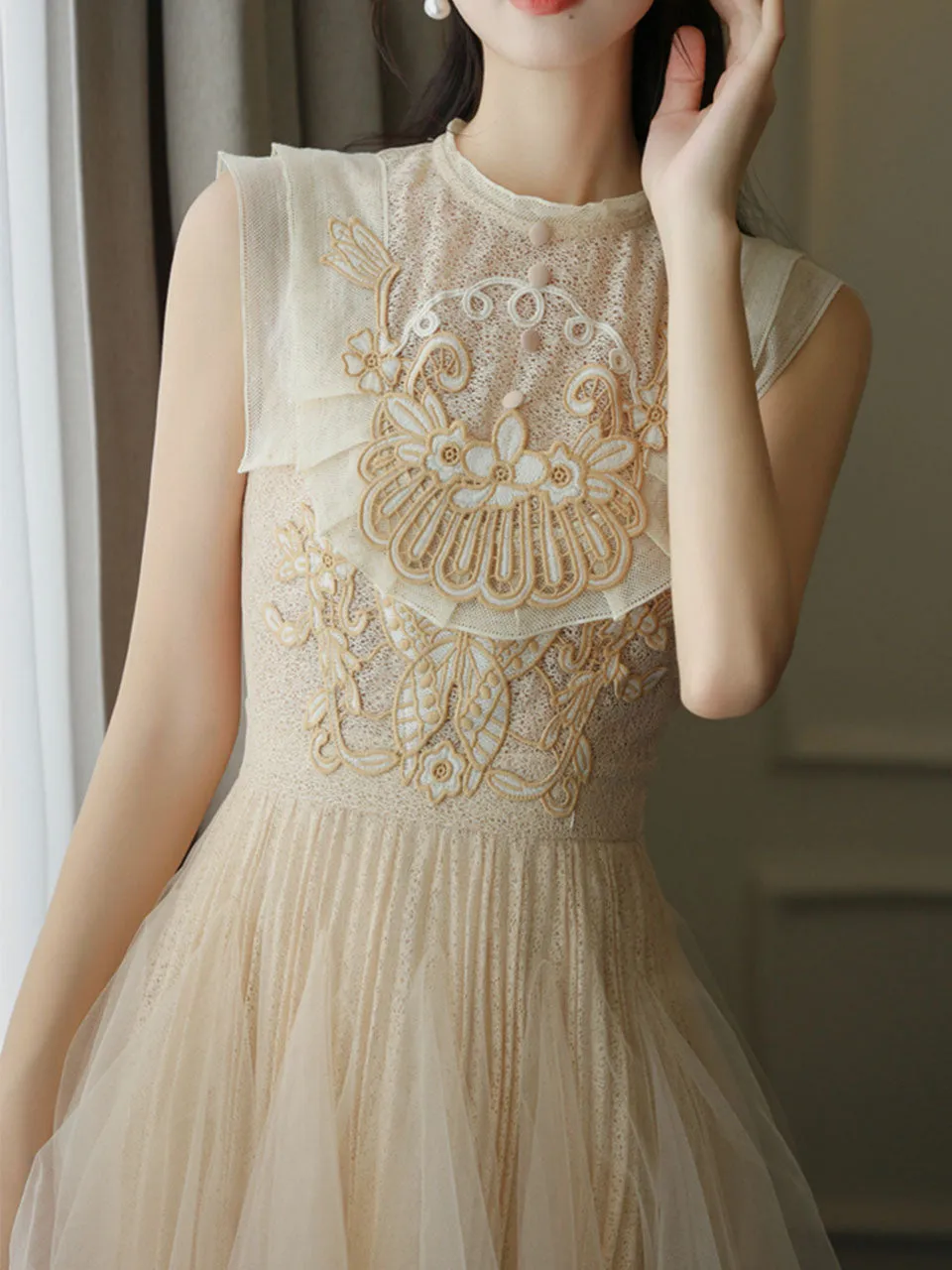 Apricot Embroidered Butterfly Hollow Short Sleeve Lace Mini Dress