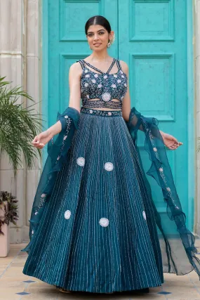 ARA - Embroidered German Satin Blue Lehenga Cape Set of 3