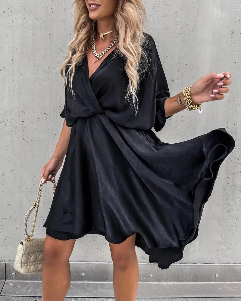 Batwing Sleeve Overlap Flowy Swing Dress