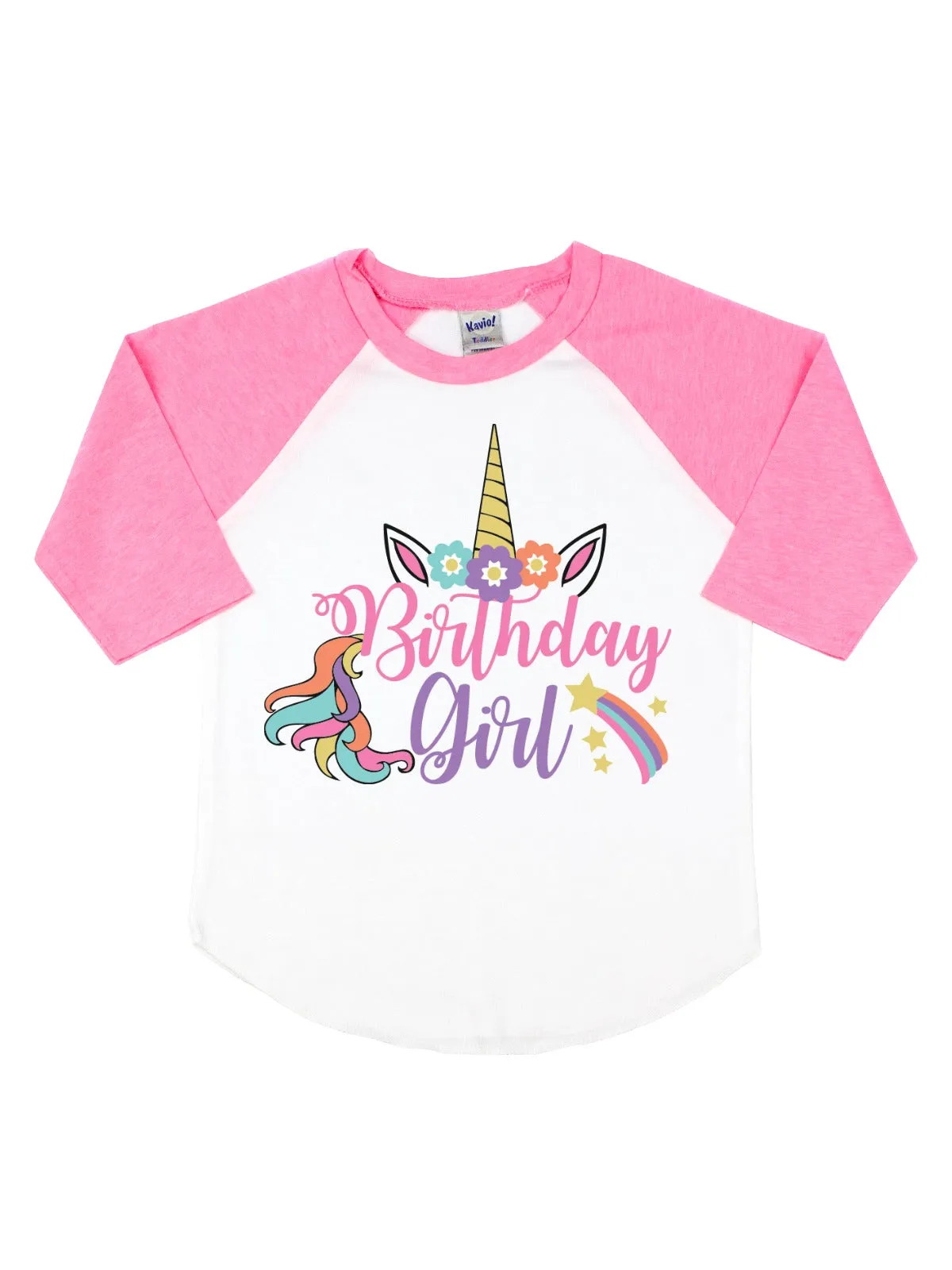 Birthday Girl Unicorn Kids Raglan Shirt - Pink & White