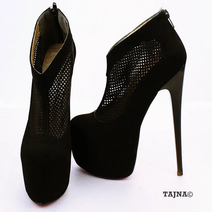 Black Faux Suede Fishnet High Platform Shoes