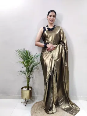 Black Gold Ready to Wear Shimmer Satin Silk Pre Draped Sari