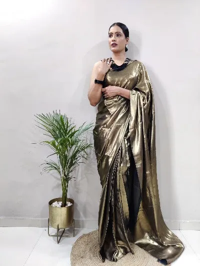 Black Gold Ready to Wear Shimmer Satin Silk Pre Draped Sari