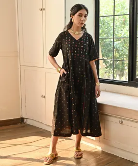 Black hand embroidered cotton bandhej dress